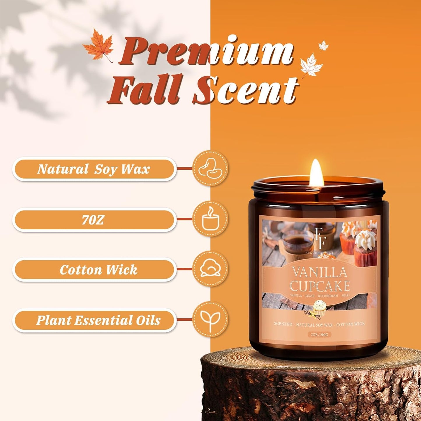 Fall Candle, Vanilla Cupcake Scented Candles for Home, Natural Soy Autumn Candle Aromatherapy Candle, 7 Oz Jar Candles Fall Gifts for Women Men