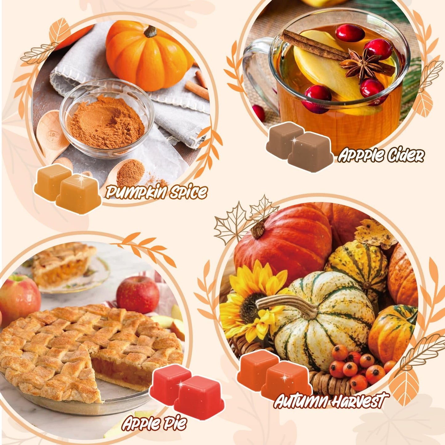 Autumn Scented Wax Melts, Fall Scented Wax Melts, Strong Scented Soy Wax Cubes/Tarts for Warmer, Candle Wax Melts for Home, Pumpkin Spice, Cinnamon, Apple Cider, Autumn Wreath, 8X2.5Oz