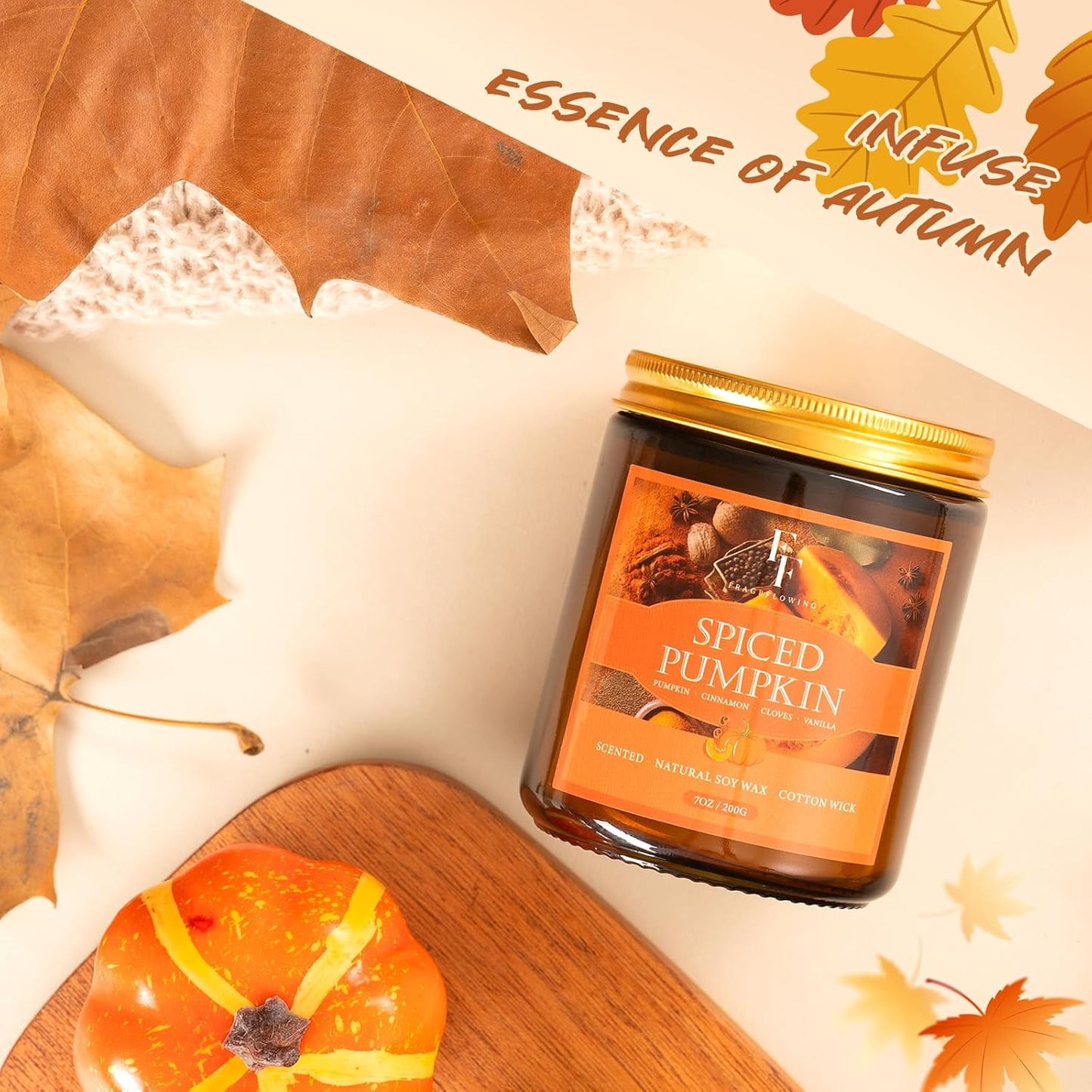 Fall Candle, Spiced Pumpkin Scented Candles for Home, Natural Soy Autumn Candle Aromatherapy Candle, 7 Oz Jar Candles Fall Gifts for Women Men