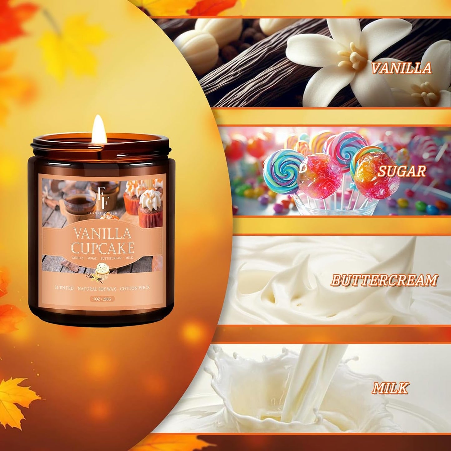 Fall Candle, Vanilla Cupcake Scented Candles for Home, Natural Soy Autumn Candle Aromatherapy Candle, 7 Oz Jar Candles Fall Gifts for Women Men