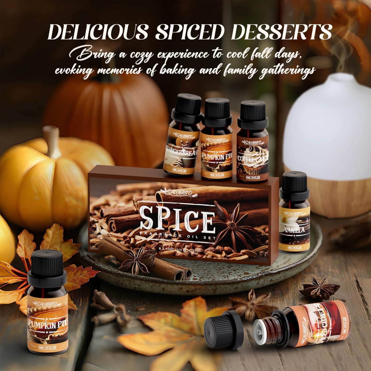 Spice Fragrance Oils Set, Premium Essential Oils Set for Diffuser, Candle, Soap Making, Warm Fall Scented Oil, Cinnamon, Spiced Cider, Pumpkin Pie, Coffee Cake, Gingerbread, Vanilla
