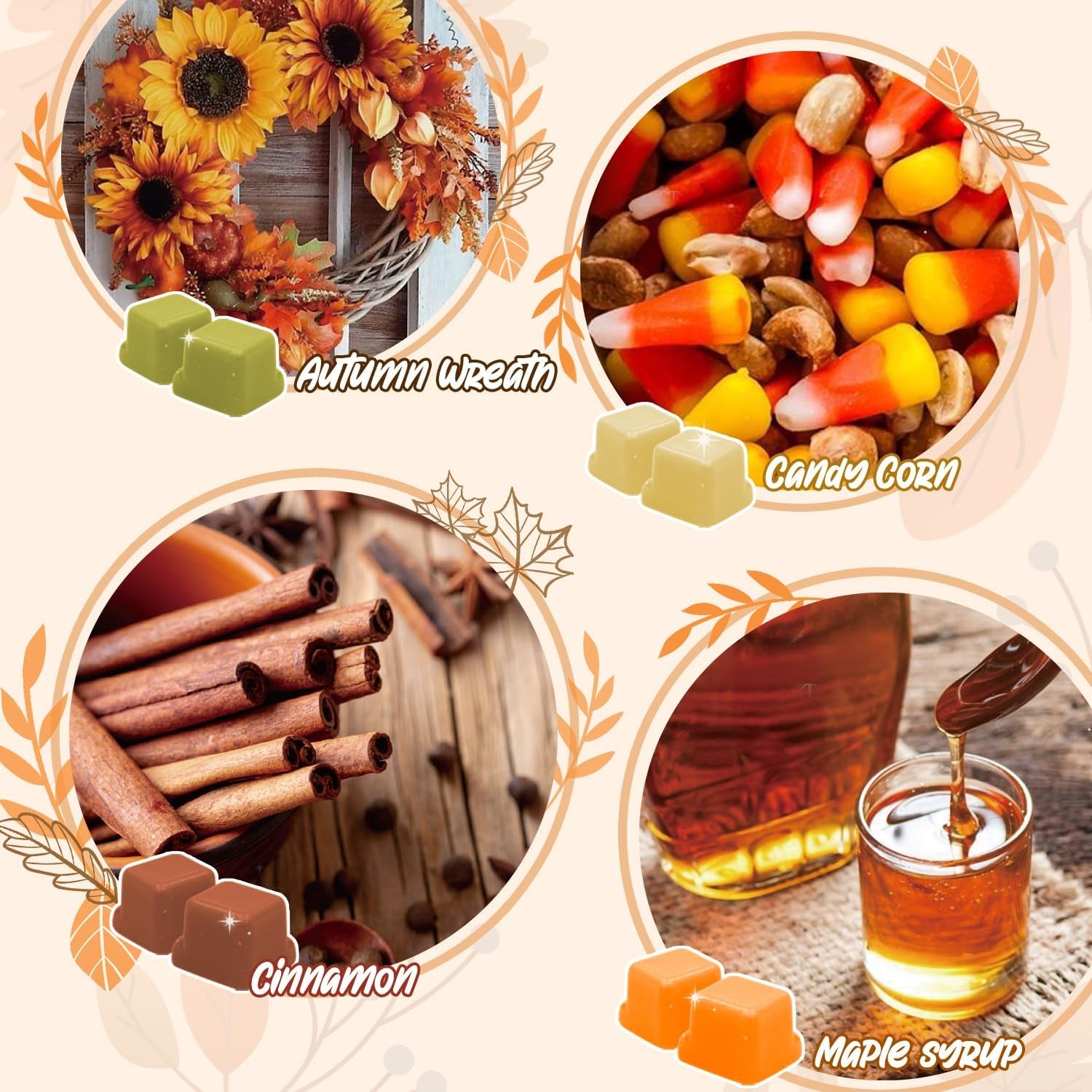 Autumn Scented Wax Melts, Fall Scented Wax Melts, Strong Scented Soy Wax Cubes/Tarts for Warmer, Candle Wax Melts for Home, Pumpkin Spice, Cinnamon, Apple Cider, Autumn Wreath, 8X2.5Oz