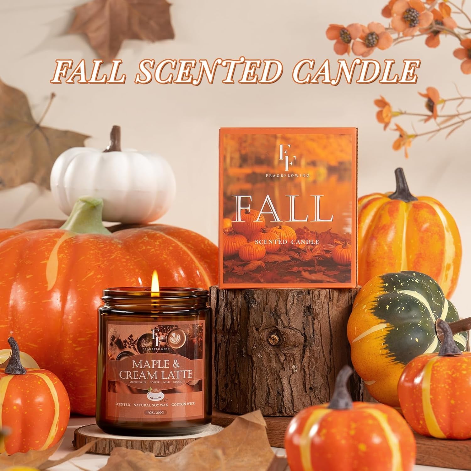 Fall Candle, Maple & Cream Latte Scented Candles for Home, Natural Soy Autumn Candle Aromatherapy Candle, 7 Oz Jar Candles Fall Gifts for Women Men