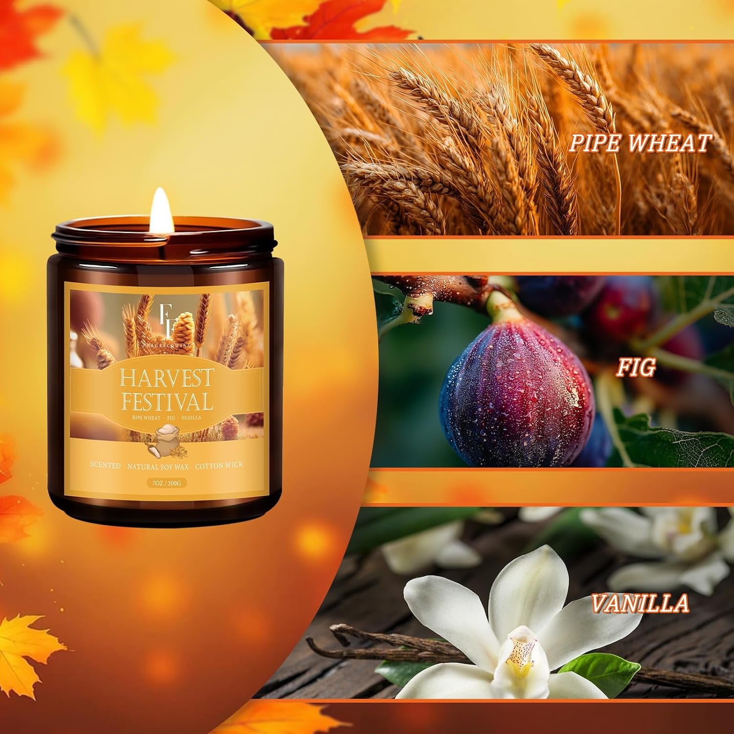 Fall Candle, Harvest Festival Scented Candles for Home, Natural Soy Autumn Candle Aromatherapy Candle, 7 Oz Jar Candles Fall Gifts for Women Men