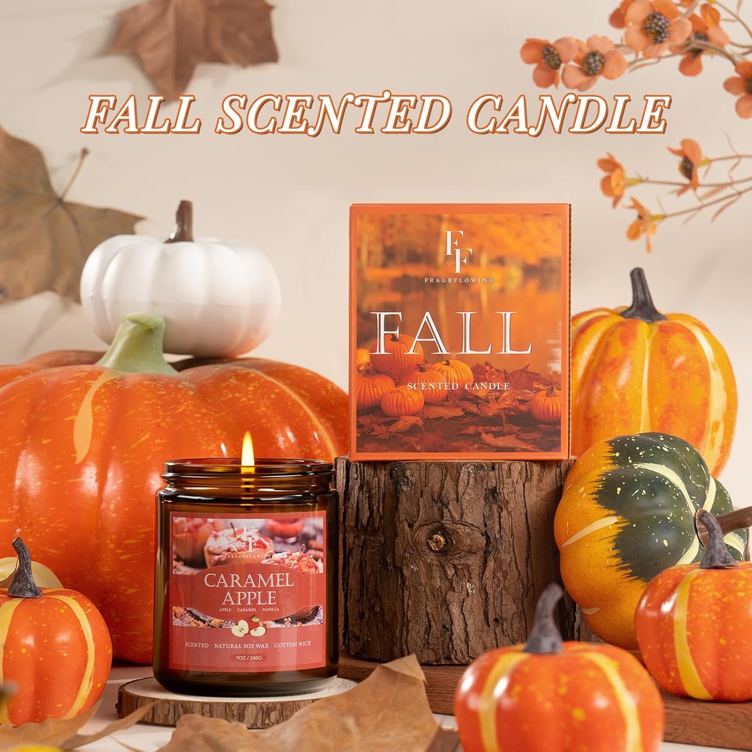 Fall Candle, Caramel Apple Scented Candles for Home, Natural Soy Autumn Candle Aromatherapy Candle, 7 Oz Jar Candles Fall Gifts for Women Men