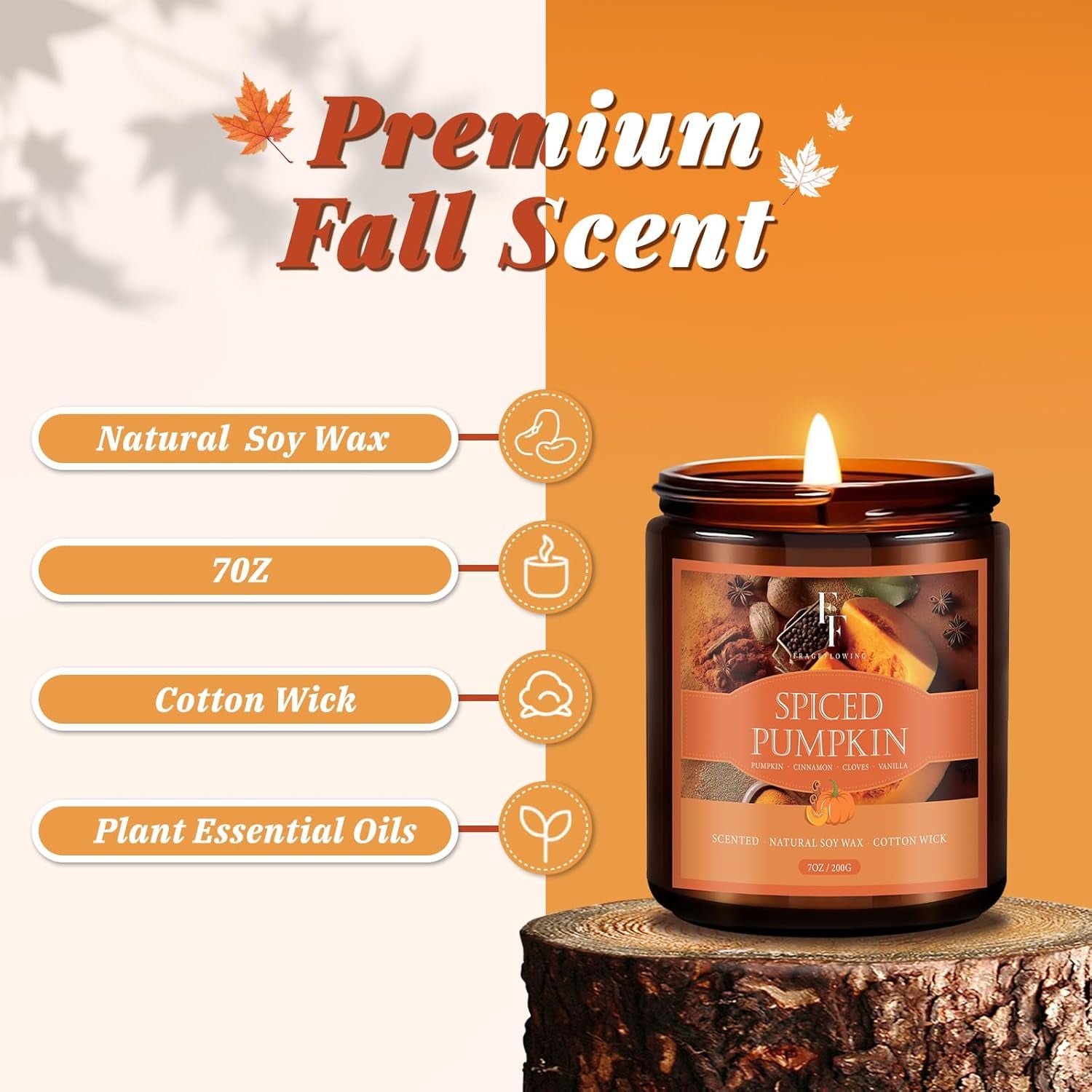 Fall Candle, Spiced Pumpkin Scented Candles for Home, Natural Soy Autumn Candle Aromatherapy Candle, 7 Oz Jar Candles Fall Gifts for Women Men