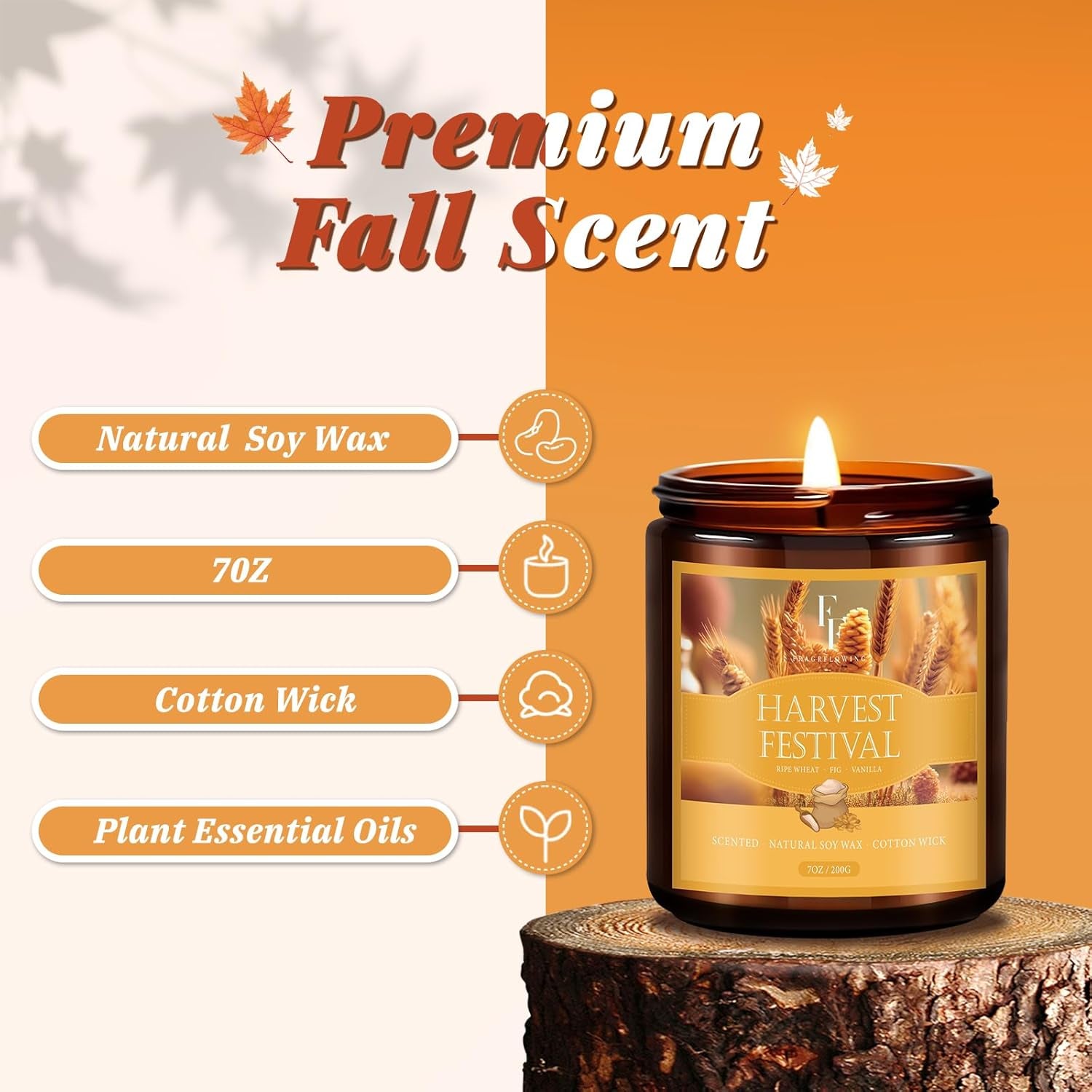 Fall Candle, Harvest Festival Scented Candles for Home, Natural Soy Autumn Candle Aromatherapy Candle, 7 Oz Jar Candles Fall Gifts for Women Men