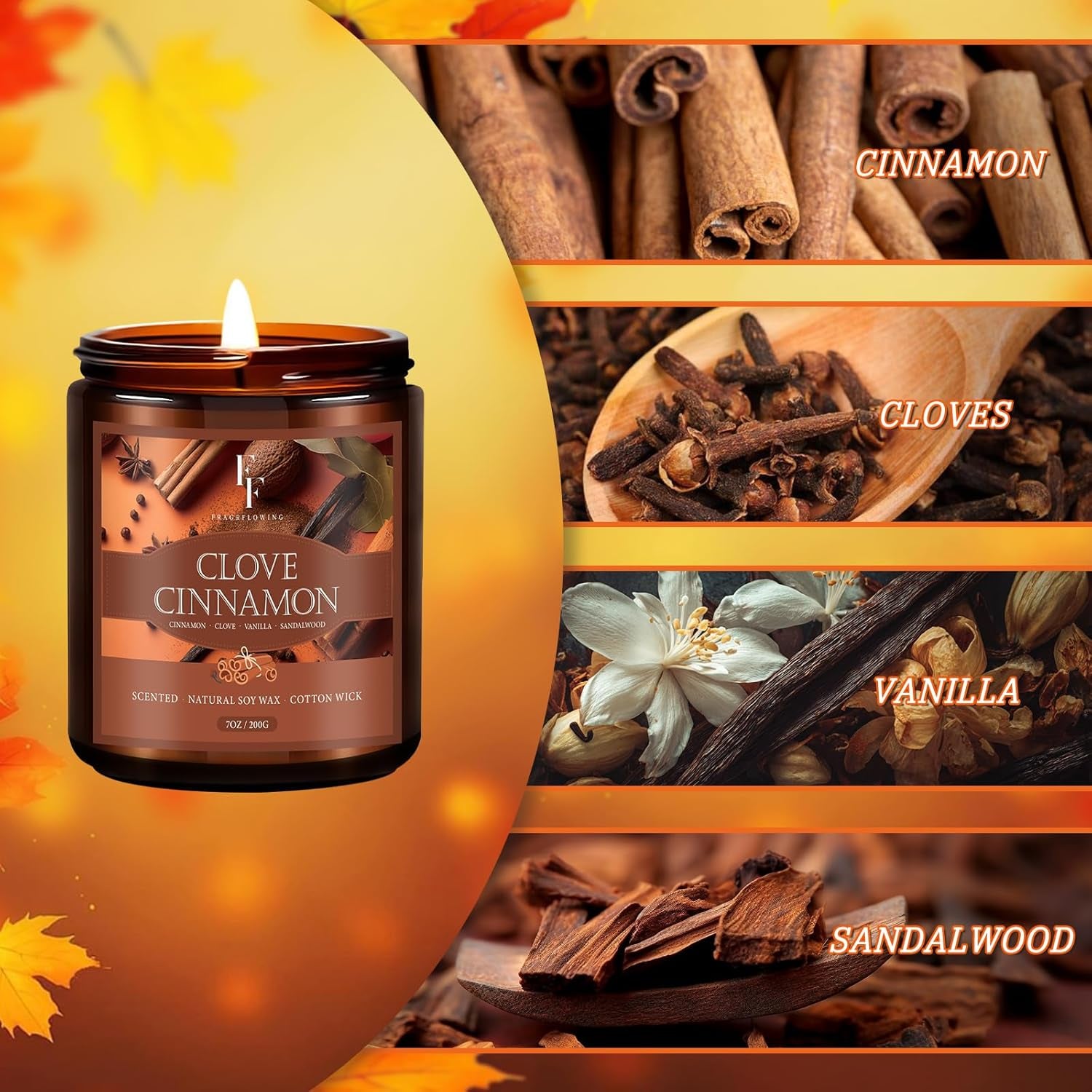 Fall Candle, Clove Cinnamon Scented Candles for Home, Natural Soy Autumn Candle Aromatherapy Candle, 7 Oz Jar Candles Fall Gifts for Women Men
