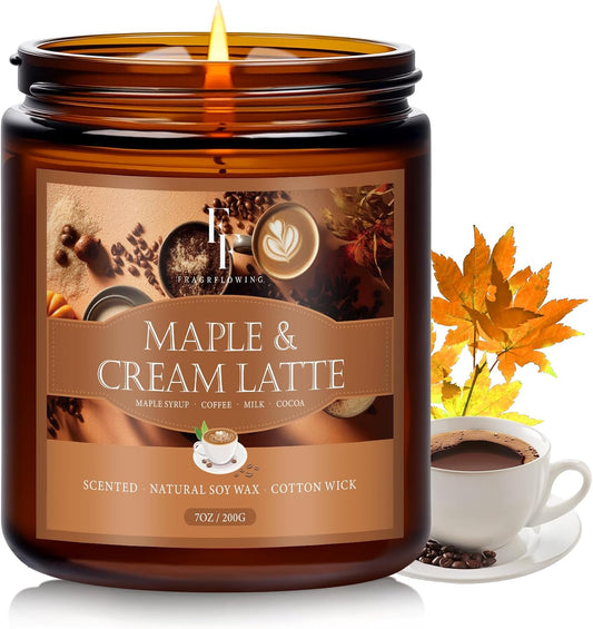 Fall Candle, Maple & Cream Latte Scented Candles for Home, Natural Soy Autumn Candle Aromatherapy Candle, 7 Oz Jar Candles Fall Gifts for Women Men