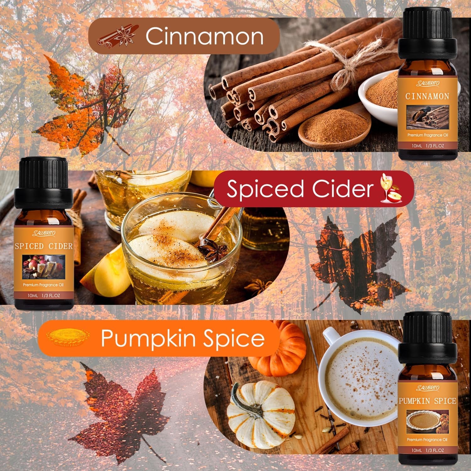 Fall Fragrance Oils Set, Autumn Essential Oil for Diffuser, Candle Making, Aromatherapy Oils Gift - Cinnamon, Pumpkin Spice, Vanilla, Snickerdoodle, Spiced Cider, Nutmeg, 6X10Ml