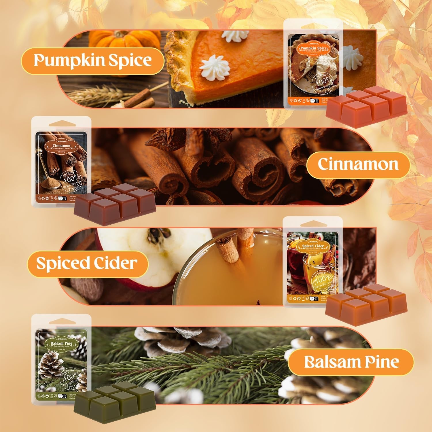 Autumn Scented Wax Melts, Fall Soy Wax Cubes for Wax Warmer, Strong Scent Fragrance Wax Tarts, Candle Melts Gift Set, Pumpkin Spice, Cinnamon, Spiced Cider, Pine, Candy Corn, Autumn Wreath