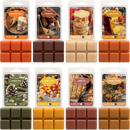 Autumn Scented Wax Melts, Fall Soy Wax Cubes for Wax Warmer, Strong Scent Fragrance Wax Tarts, Candle Melts Gift Set, Pumpkin Spice, Cinnamon, Spiced Cider, Pine, Candy Corn, Autumn Wreath