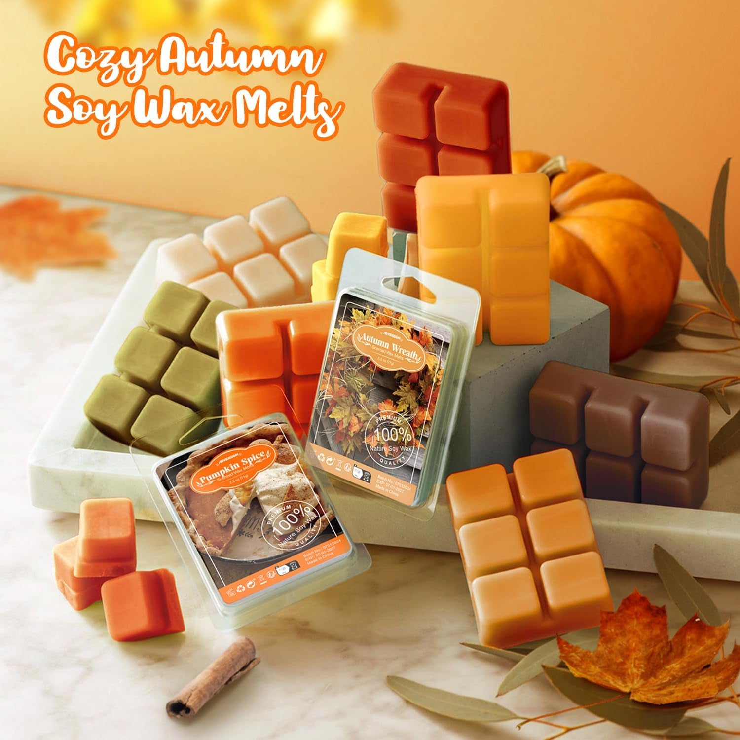 Autumn Scented Wax Melts, Fall Soy Wax Cubes for Wax Warmer, Strong Scent Fragrance Wax Tarts, Candle Melts Gift Set, Pumpkin Spice, Cinnamon, Spiced Cider, Pine, Candy Corn, Autumn Wreath