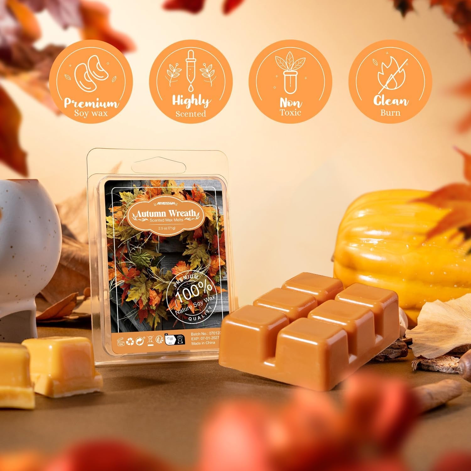 Autumn Scented Wax Melts, Fall Soy Wax Cubes for Wax Warmer, Strong Scent Fragrance Wax Tarts, Candle Melts Gift Set, Pumpkin Spice, Cinnamon, Spiced Cider, Pine, Candy Corn, Autumn Wreath