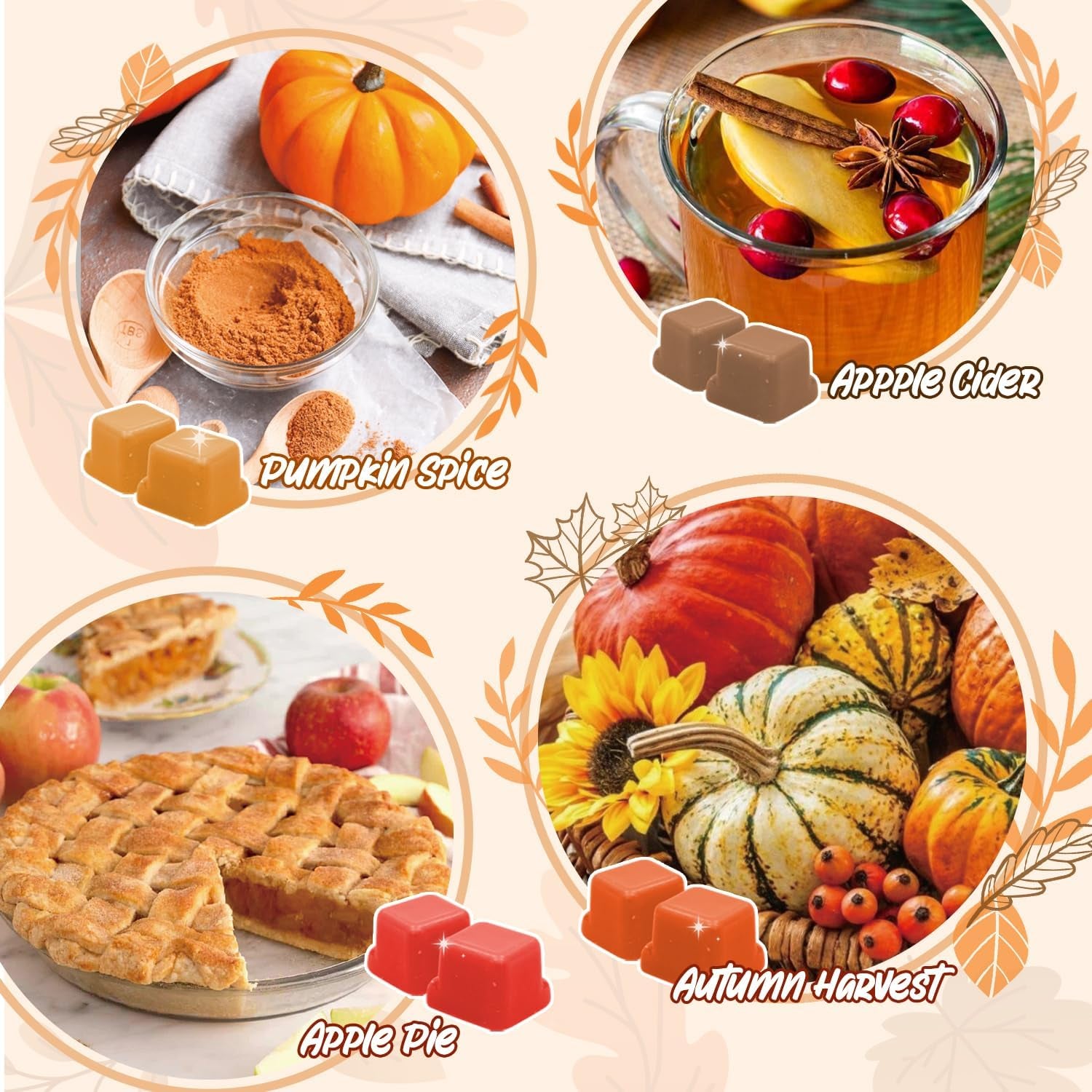 Autumn Scented Wax Melts, Fall Scented Wax Melts, Strong Scented Soy Wax Cubes/Tarts for Warmer, Candle Wax Melts for Home, Pumpkin Spice, Cinnamon, Apple Cider, Autumn Wreath, 8X2.5Oz