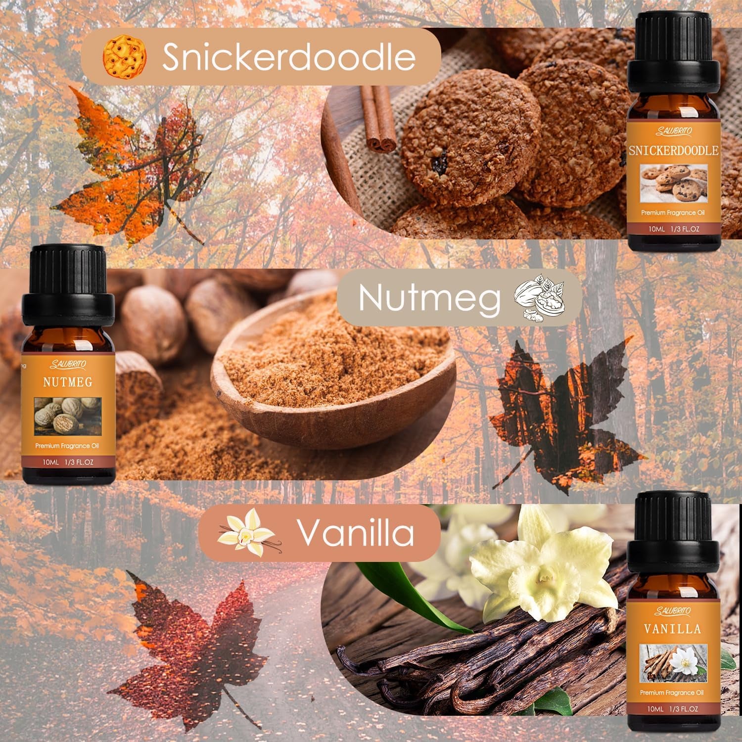 Fall Fragrance Oils Set, Autumn Essential Oil for Diffuser, Candle Making, Aromatherapy Oils Gift - Cinnamon, Pumpkin Spice, Vanilla, Snickerdoodle, Spiced Cider, Nutmeg, 6X10Ml