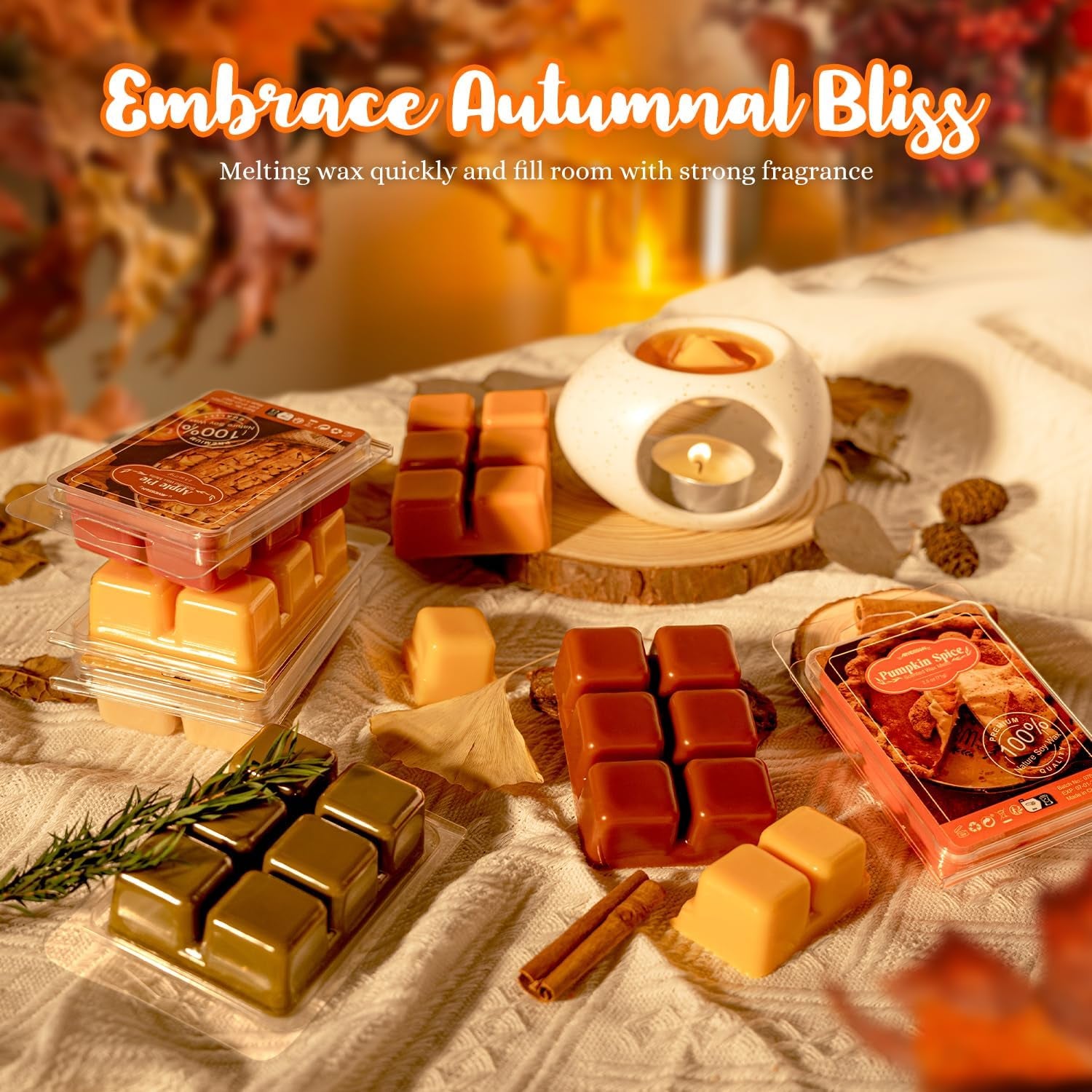 Autumn Scented Wax Melts, Fall Soy Wax Cubes for Wax Warmer, Strong Scent Fragrance Wax Tarts, Candle Melts Gift Set, Pumpkin Spice, Cinnamon, Spiced Cider, Pine, Candy Corn, Autumn Wreath