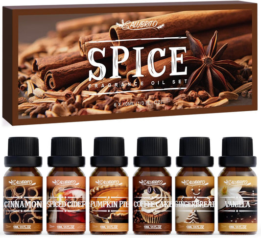 Spice Fragrance Oils Set, Premium Essential Oils Set for Diffuser, Candle, Soap Making, Warm Fall Scented Oil, Cinnamon, Spiced Cider, Pumpkin Pie, Coffee Cake, Gingerbread, Vanilla