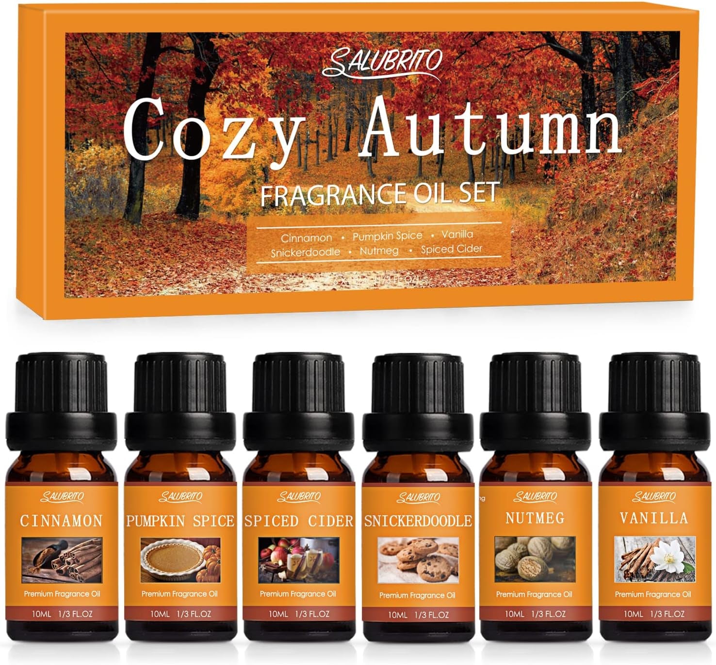 Fall Fragrance Oils Set, Autumn Essential Oil for Diffuser, Candle Making, Aromatherapy Oils Gift - Cinnamon, Pumpkin Spice, Vanilla, Snickerdoodle, Spiced Cider, Nutmeg, 6X10Ml