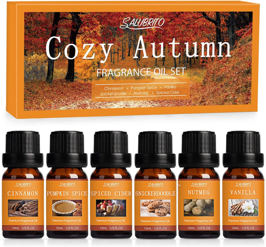 Fall Fragrance Oils Set, Autumn Essential Oil for Diffuser, Candle Making, Aromatherapy Oils Gift - Cinnamon, Pumpkin Spice, Vanilla, Snickerdoodle, Spiced Cider, Nutmeg, 6X10Ml