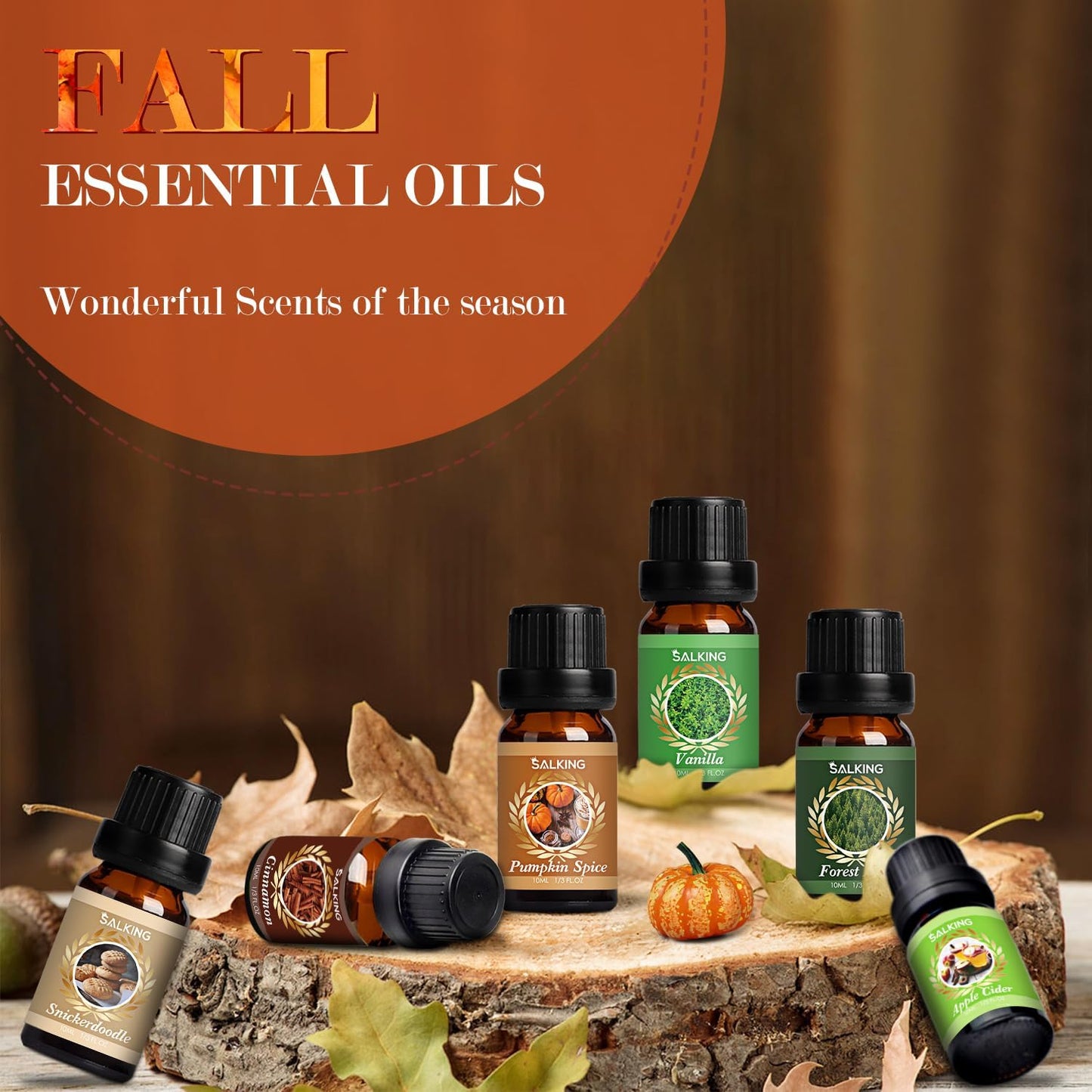 Autumn Fragrance Oils, Premium Fall Essential Oils for Diffuser, Scented Oils Gift Set for Soap Candle Making Scents - Cinnamon, Pumpkin Spice, Apple Cider, Vanilla, Forest Pine, Snickerdoodle