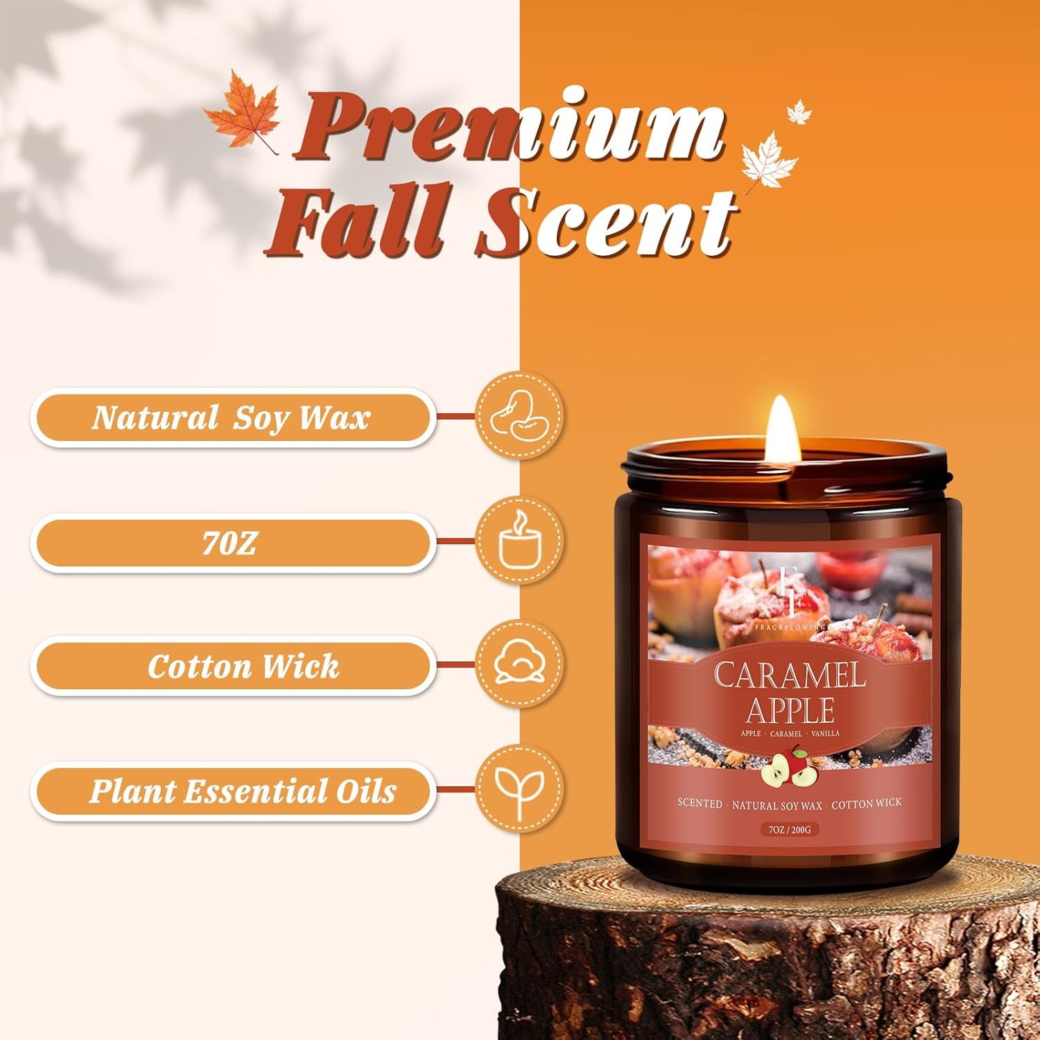 Fall Candle, Caramel Apple Scented Candles for Home, Natural Soy Autumn Candle Aromatherapy Candle, 7 Oz Jar Candles Fall Gifts for Women Men