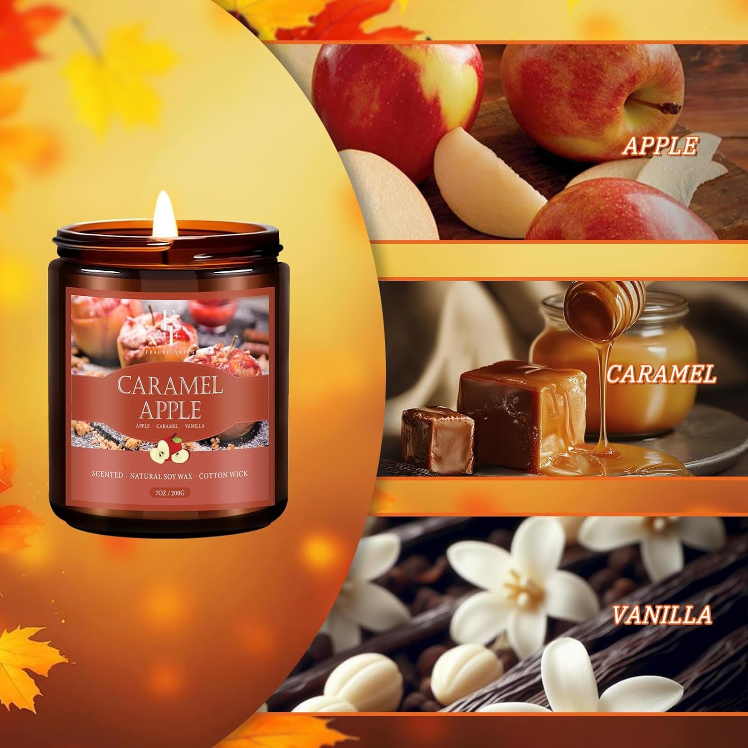 Fall Candle, Caramel Apple Scented Candles for Home, Natural Soy Autumn Candle Aromatherapy Candle, 7 Oz Jar Candles Fall Gifts for Women Men