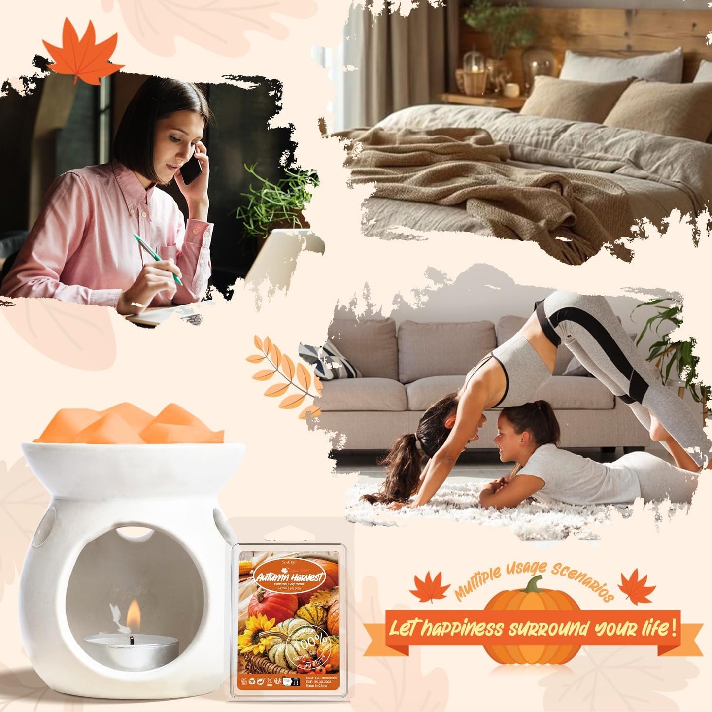 Autumn Scented Wax Melts, Fall Scented Wax Melts, Strong Scented Soy Wax Cubes/Tarts for Warmer, Candle Wax Melts for Home, Pumpkin Spice, Cinnamon, Apple Cider, Autumn Wreath, 8X2.5Oz