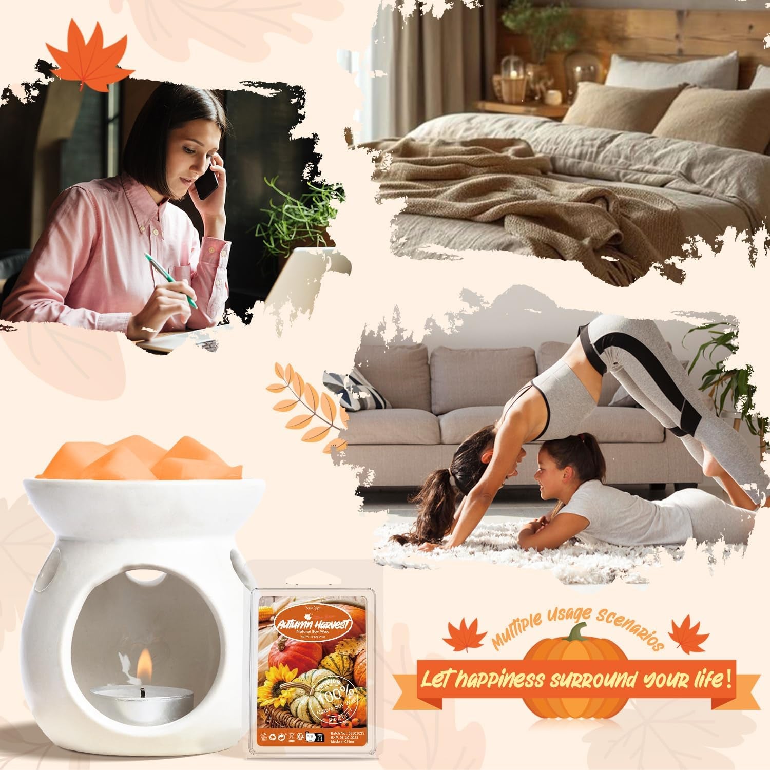 Autumn Scented Wax Melts, Fall Scented Wax Melts, Strong Scented Soy Wax Cubes/Tarts for Warmer, Candle Wax Melts for Home, Pumpkin Spice, Cinnamon, Apple Cider, Autumn Wreath, 8X2.5Oz