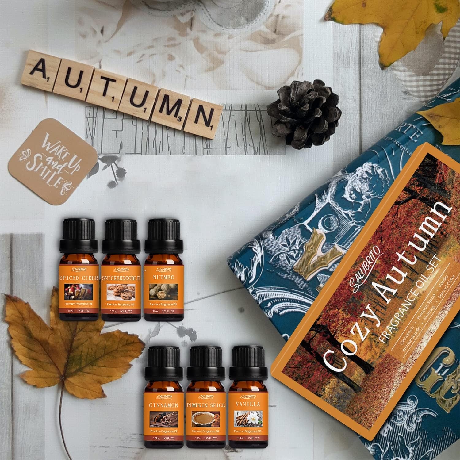 Fall Fragrance Oils Set, Autumn Essential Oil for Diffuser, Candle Making, Aromatherapy Oils Gift - Cinnamon, Pumpkin Spice, Vanilla, Snickerdoodle, Spiced Cider, Nutmeg, 6X10Ml