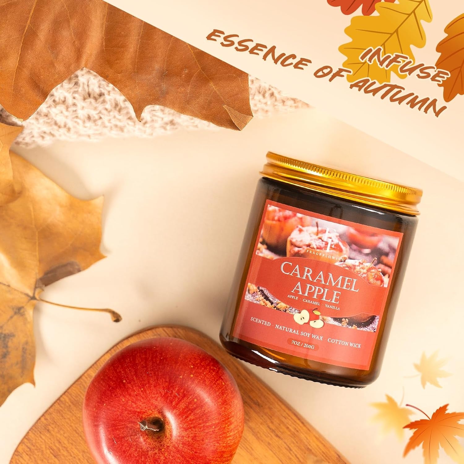 Fall Candle, Caramel Apple Scented Candles for Home, Natural Soy Autumn Candle Aromatherapy Candle, 7 Oz Jar Candles Fall Gifts for Women Men